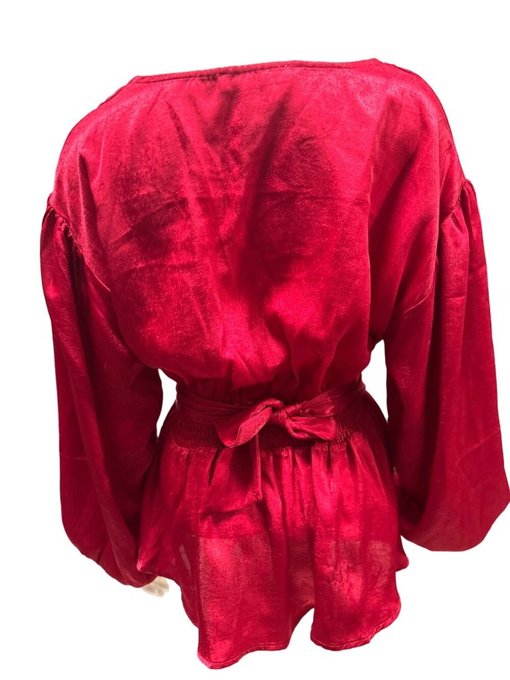 A Calin Size Sm Red Satin Wrap Blouse Peplum Balloon Sleeve Holiday Glamcore Top - Picture 4 of 10